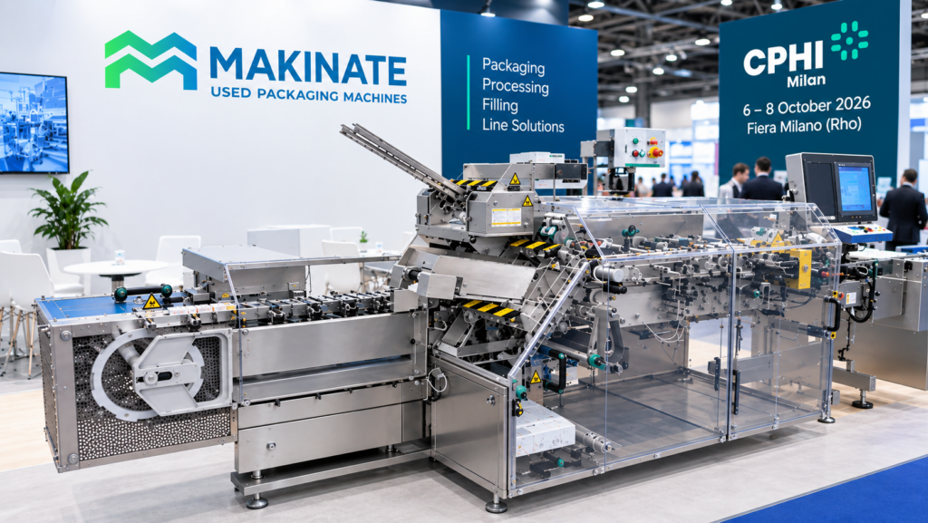 Pharmaceutical packaging machine on display at the Makinate stand at CPHI Milan 2026, Fiera Milano Rho