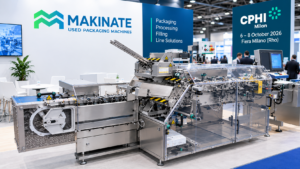 Pharmaceutical packaging machine on display at the Makinate stand at CPHI Milan 2026, Fiera Milano Rho